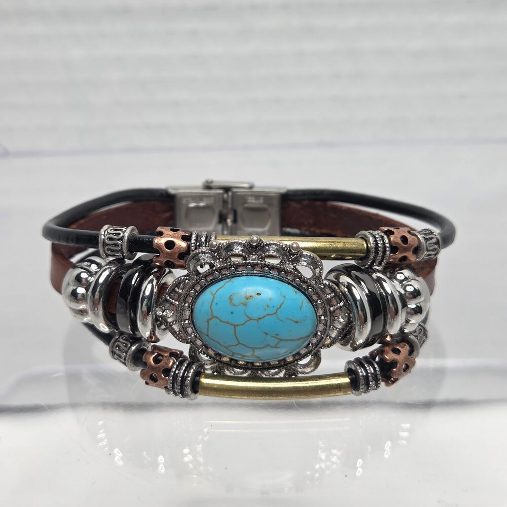 Southwest Boho Style Faux Turquoise Leather Stainless Steel Bracelet Jewelry